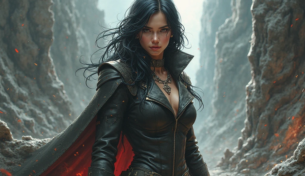 a detailed image of Vengerberg's character Yennefer, played by actress Anya Chalotra, with a piercing and intense gaze. Her black hair in the wind, dancing with the magical energy that surrounds her. Wearing Yennefer's iconic and original outfit, every detail is meticulously depicted. The image depicts Yennefer full-length in a background of a medieval city fleeing in flames, symbolizing the chaos and destruction that surrounds her --auto --s2