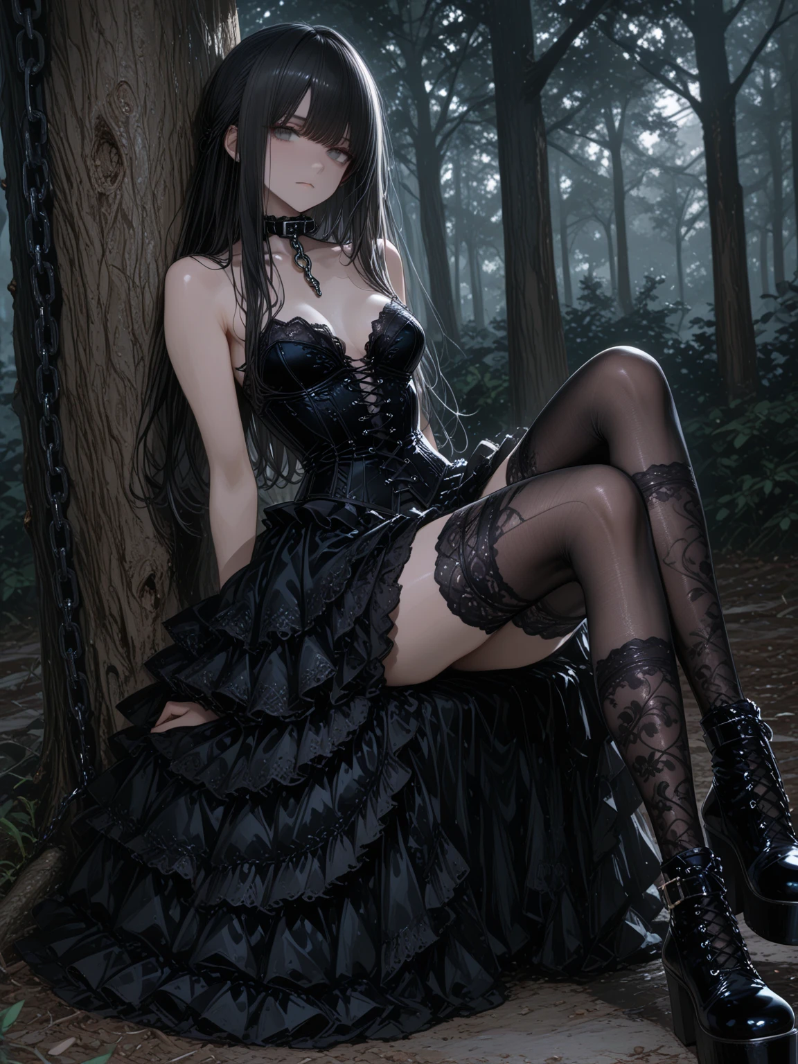 Best Quality, Masterpiece, Ultra High Resolution, (Realism: 1.4), Original Photo, 1girl, Offshoulder, In the Dark, Deep Shadow, Understated, Cold Light, In the Park, Black Stockings, High Heels, Professional Wear, Legs Apart, Chains, Iron Handcuffs, Iron Leg Shackles, Double Eyelids --auto --s2