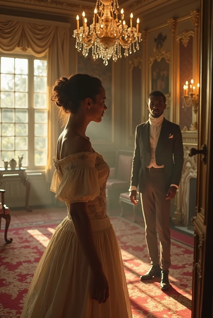 a couple of people in fancy clothes standing on a wooden floor, Africans, African people, aristocratic clothing, georgian dress amazing fabric, intricate costume design, royal gown, 1 8 th century style, georgian dress, ( ( emma lindstrom ) ), wearing a pink ballroom gown, dress in the style of rococo, rococo dress, both wearing victorian clothes, colonial style