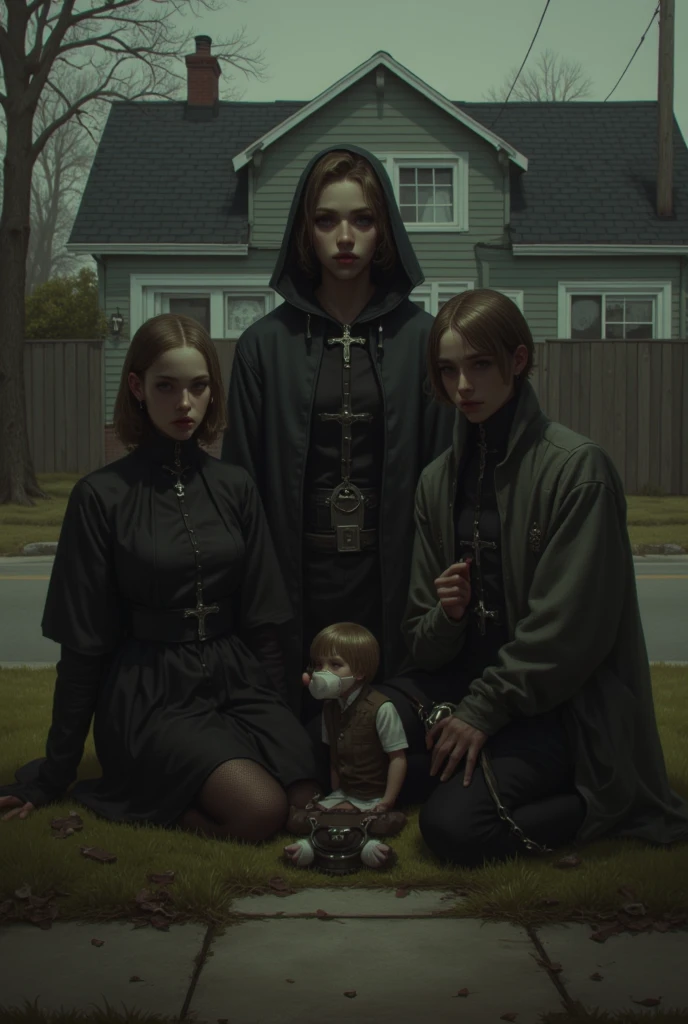 13 years old teenage thin girl with pale short hair,fingers covered in blood, feet covered in blood, faces torn away from men and women tied to their waists, hospital sinister, liquid blood dress,full body