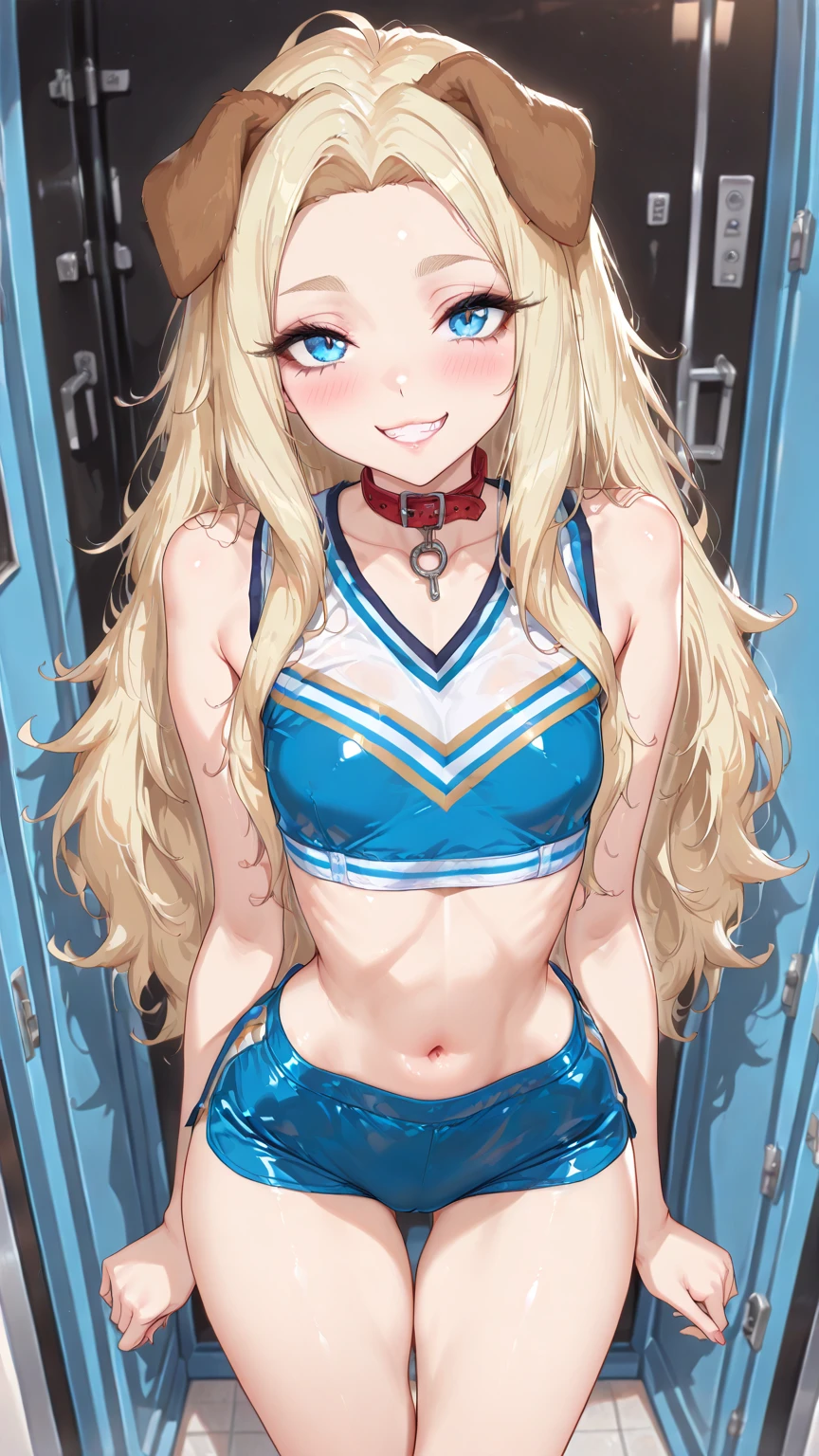 High Resolution, Super Detailed, Very Detailed, 1 Girl, Blonde, Cheergirl, Sun Visor, Blue and White Clothes, Smile, Navel, Twin Tails