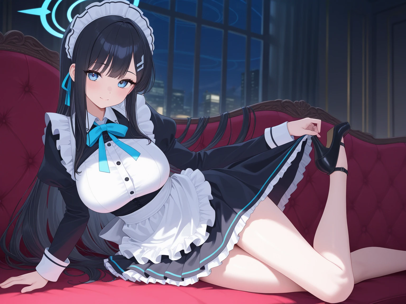 Watching the audience, One girl, Open your mouth, smile, Virtual YouTuber、With a girl、((highest quality, expensive_solve, Clear_image)),(Black Hair), (Black cat ears), (Ahoge), (((Ridiculously short hair))), (Wavy Hair), (blue eyes)、Very large breasts,Dressed in maid uniform、Draw a large face