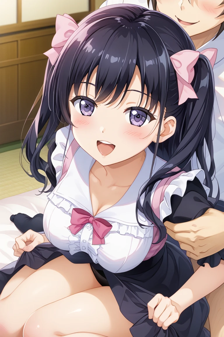 ((masutepiece)), ((Best Quality)), (Ultra-detailed), Anime style, on the bed, Cute little girl s, 1girl in, Solo, Pajamas 00, ((Beautiful eyes)), large full breasts, Smile