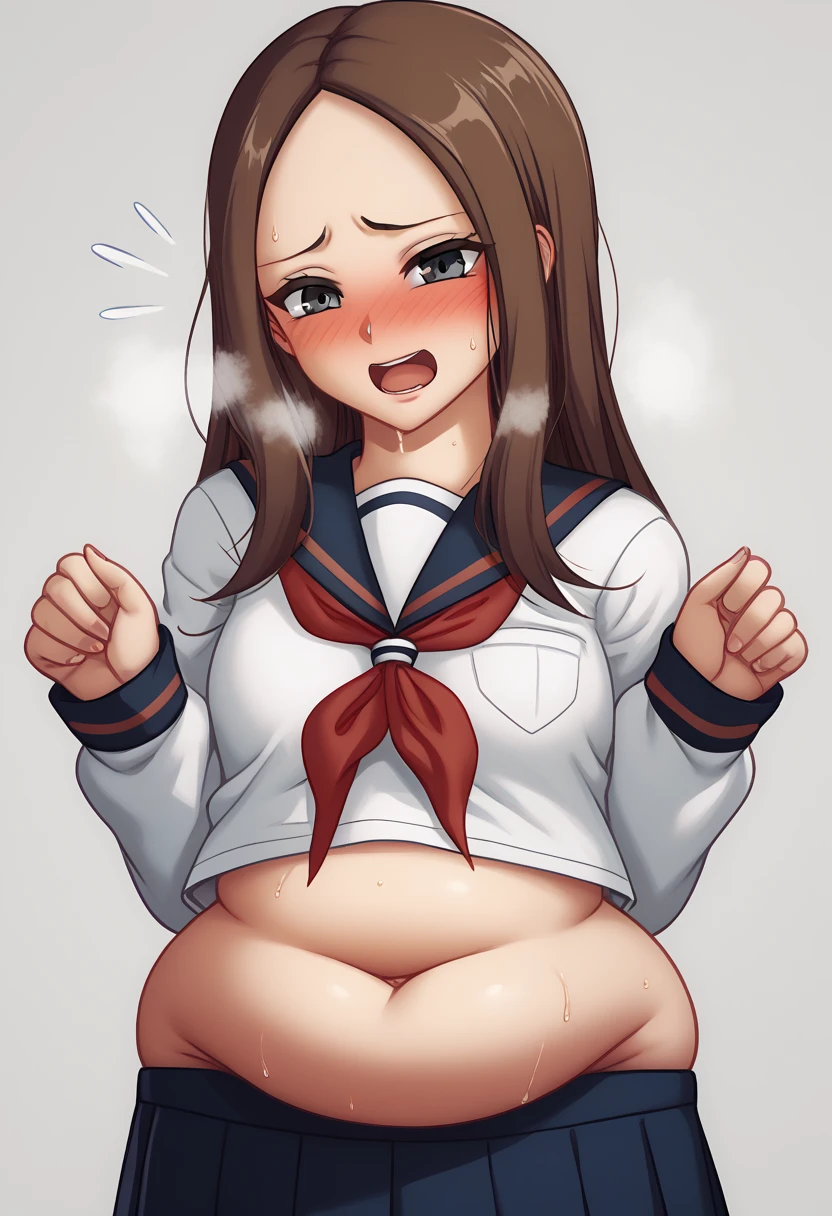 A girl wearing a white diaper, Big booty, Curvaceous loot, Brown Hair,Light brown eyes,Muscular!!,Blushed,Troubled expression,steam,Sweat,Steam coming from the body,She wears a white plastic diaper!!,Big Ass!!,pigtails,BIG Boned