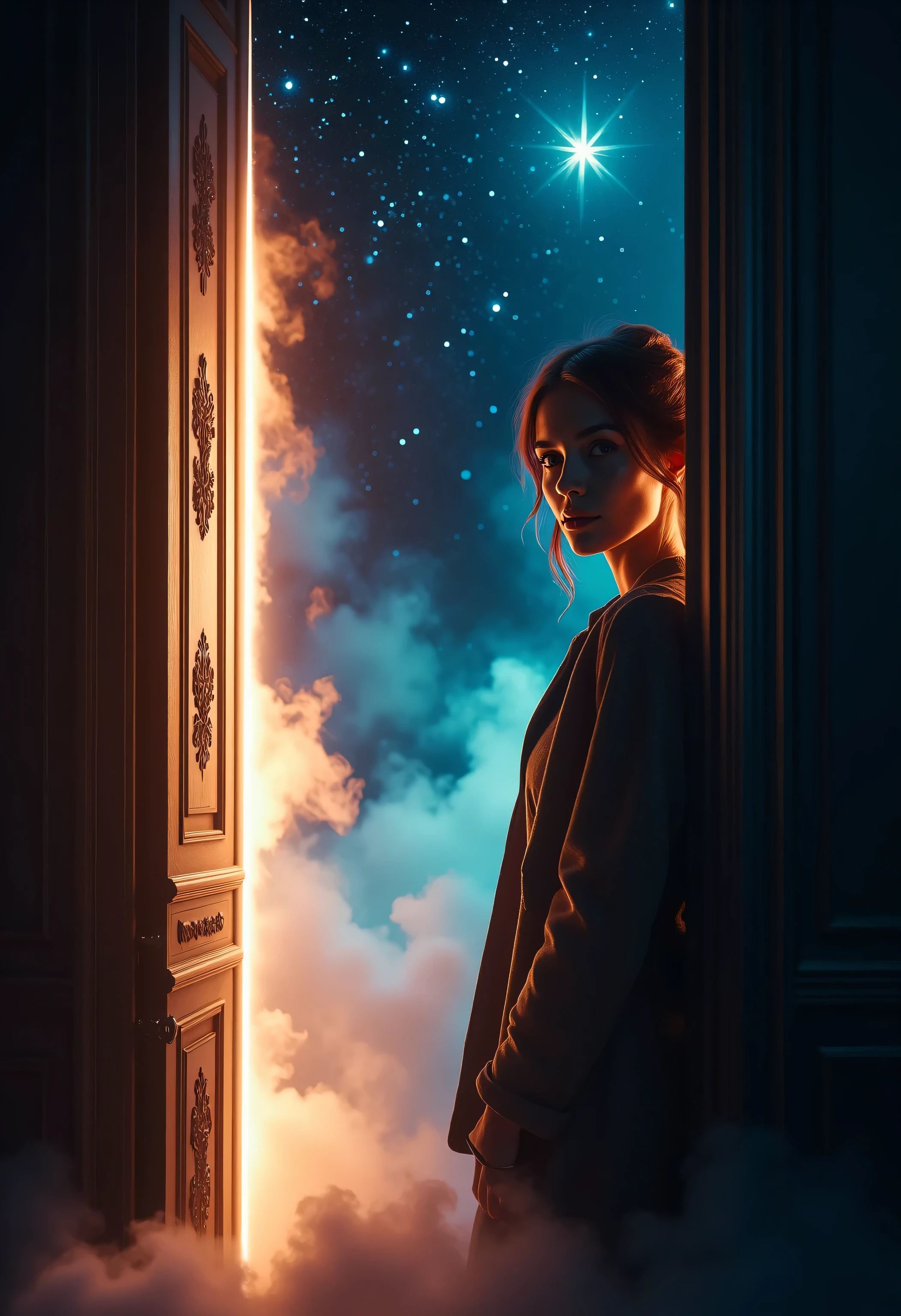 best quality picture of a half seen woman behind a half open doors that hide the stars,  smoke rising from behind the door, dynamic background, vibrant, Ultra-high resolution, High Contrast, (masterpiece:1.5), highest quality, Best aesthetics), best details, best quality, highres, 16k, [ultra detailed], masterpiece, best quality, (extremely detailed), Shiny, diam0nd, magical sky, Intense gaze