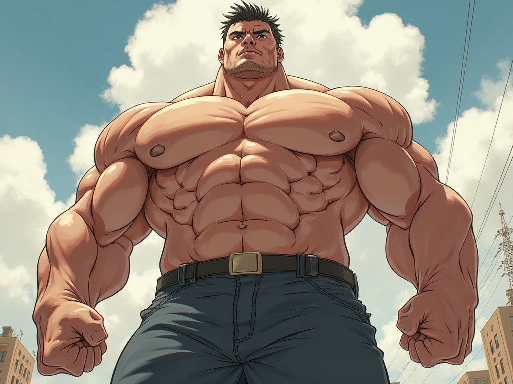 (barefoot)，(barefoot)，Mature，(Long legs covered with long, Thick leg hair)，Super Bigfoot,(whole body),(Long legs hair)，( Green tattoo on shoulder),(Thick body hair)，(He was wearing baggy shorts，Revealing his long, muscular, Legs)，Interior background with vintage furniture and retro wooden floor，Surrounded by cropodia),(For the audience) ，(Put his hands on his waist)， (Eyes on the audience) ，(There is a huge bulge in the area)，sideways，(Thick dark brown hair)，(Bottom-up view)，Broad shoulders，Muscles protrude a lot，Crotch bulge，(Long legs)，Highest image quality，Japanese cartoons ，Anime Wallpaper，Chest muscle expansion，展开你Legs，Sexy,(Main Part, best quality)，((Exaggerated muscle bulge))，The protagonist is tall，His head almost hit the ceiling.，Dense forest outside the window，muscular、Strong build, muscular characters, Super charming and cool, tall and muscular, muscular!!, Very strong, muscular attractive men, Huge muscles, Big Muscle, Muscle Man, Anime handsome man, muscular!, Giant muscle, muscular bodies, muscular character，