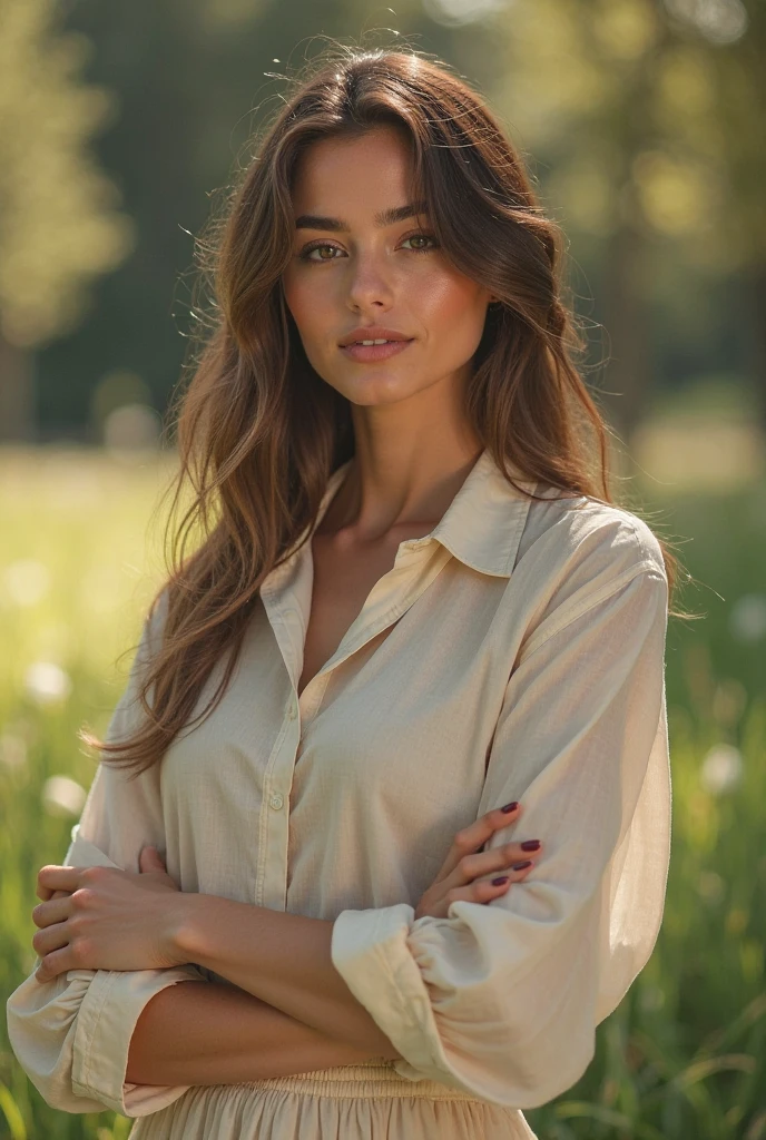 hairs: wavy, brown, with highlights that catch a little shine in the sun. The hair length is long, falling to the shoulders and with a light texture that gives an air of movement and naturalness.
eyeballs: light blue, with a soft, natural glow. They are expressive, reflecting an ongoing curiosity and a sense of empathy.
Skinned: Clara has clear and even skin, with a tone that enhances your eyes and hair. Your skin is a little pale, but with a healthy look.
muka: Her face is oval, with subtle cheekbones and a delicate nose. His lips are medium in size, often displaying a friendly and welcoming smile.
Clothing: Clara often wears clothes that combine a classic style with modern touches..