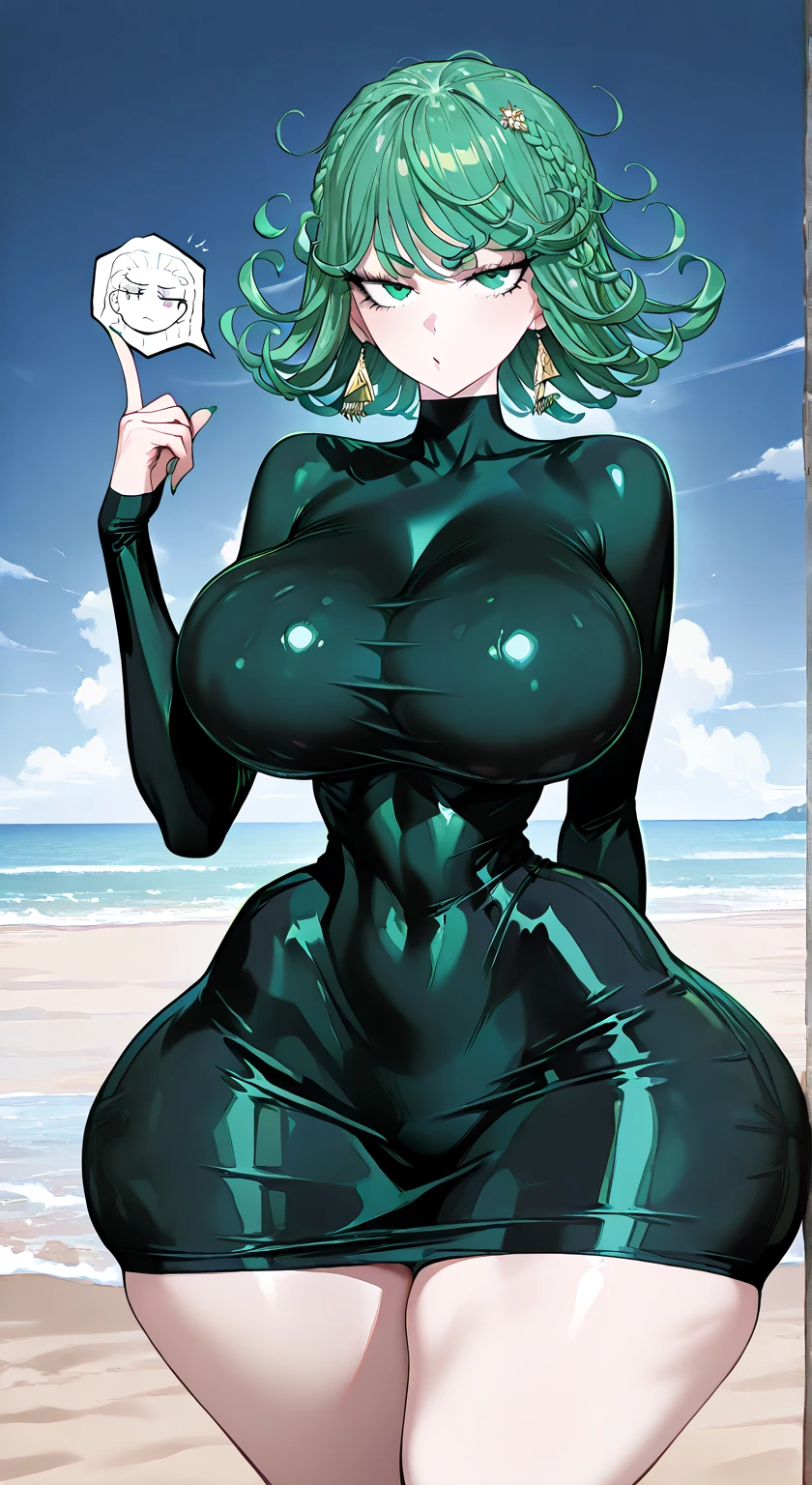 1girl, large breasts, wide hips, thick thighs, green hair, very short hair, yellow eyes, smirk, smug, smile, one-piece swimsuit, competition swimsuit, black swimsuit, pool, sleeves, long sleeves, green trim, green line, bare legs, neon trim, neon, tech