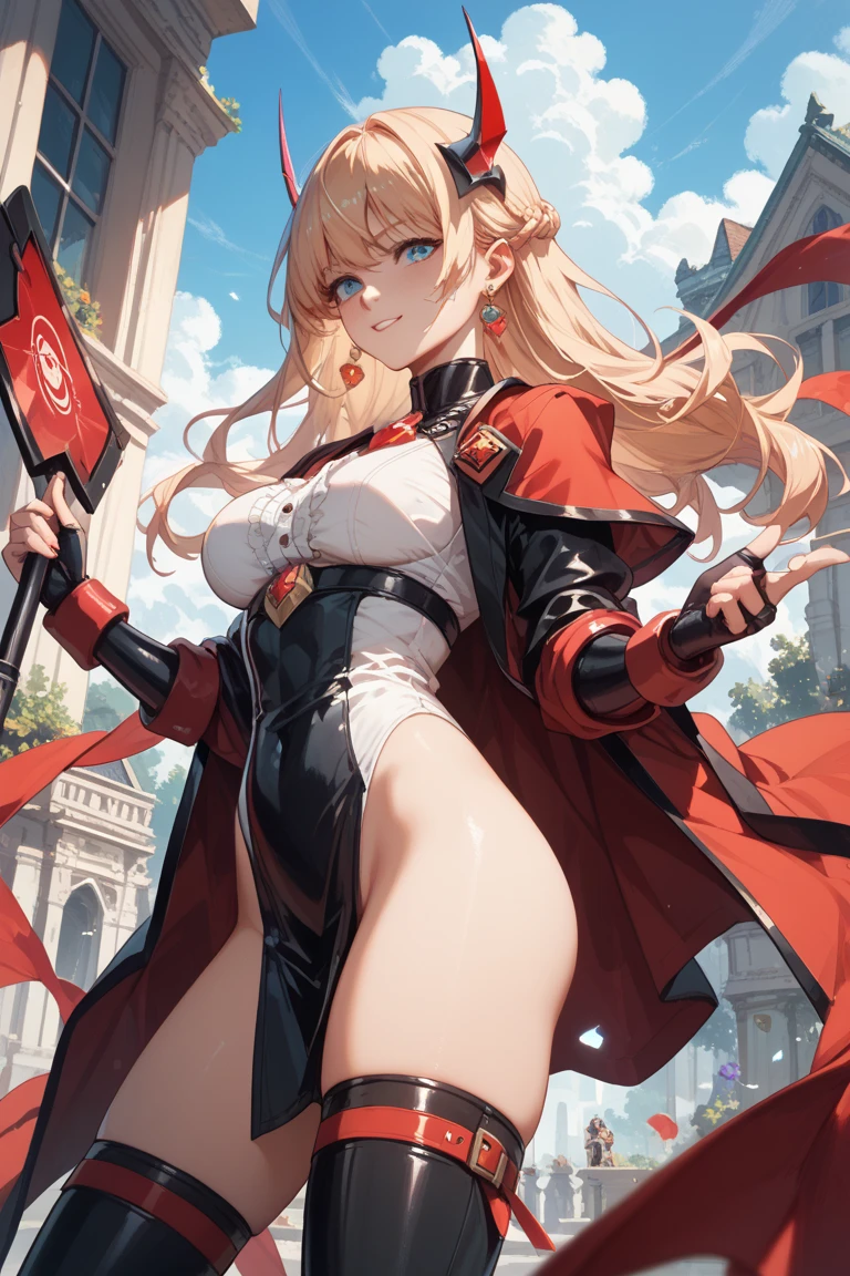 solo, A beautiful evil lady assassin , gazing condescendingly at the viewer with a cute grinning expression, ((heart marks are floating in the background, kiss, blow a kiss to the viewer)), (opening your legs), (not showing your skin), extremely detailed , masterpiece quality, ultra-detailed, HDR, vivid colors, physically-based rendering, thick muscular thighs, beautiful muscular thighs, attractive buttocks, High resolution, accurate, Anatomically correct, Winner of numerous awards, best quality, detail, high detail, high quality, quality, Retina, Very detailed, Textured skin, Ultra high definition, (((attacking the viewer))), blonde twintail, battle, fighting, victory, seduction, temptation, pink tight dress, wearing a short skirt, white blous