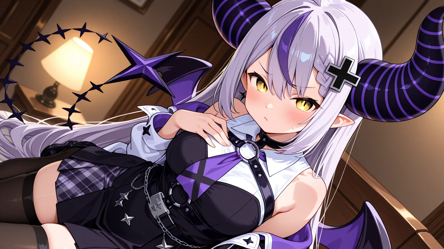 Septim,<lora:Septim-000005:1:1:lbw=MIDD>,leotard,cleavage cutout,purple hair,red eyes,low wings,jewelry,belt,red showgirl skirt,hairband,(leaning forward:1.2),(close-up:1.2),<lora:leftwink_v120:1>,one eye closed,wink,