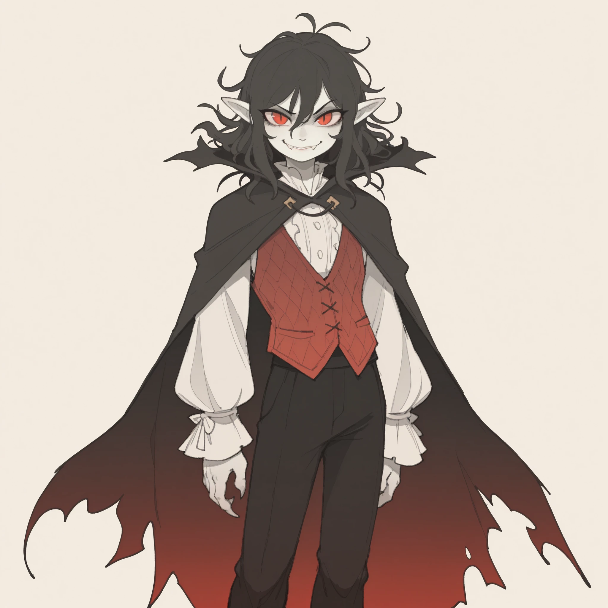 masterpiece, ultra-HD, impressionism, high detail, best quality, very aesthetic, 8k, best quality, beautiful, tmchng, 1man, solo, short messy black hair, red eyes, slit pupils, pointy ears, sharp fangs, pale skin, muscular, toned, slim, white blouse, burgundy suit vest, black pants, black cloak, medieval clothes, smirk, standing, looking at viewer, simple background, from the front view