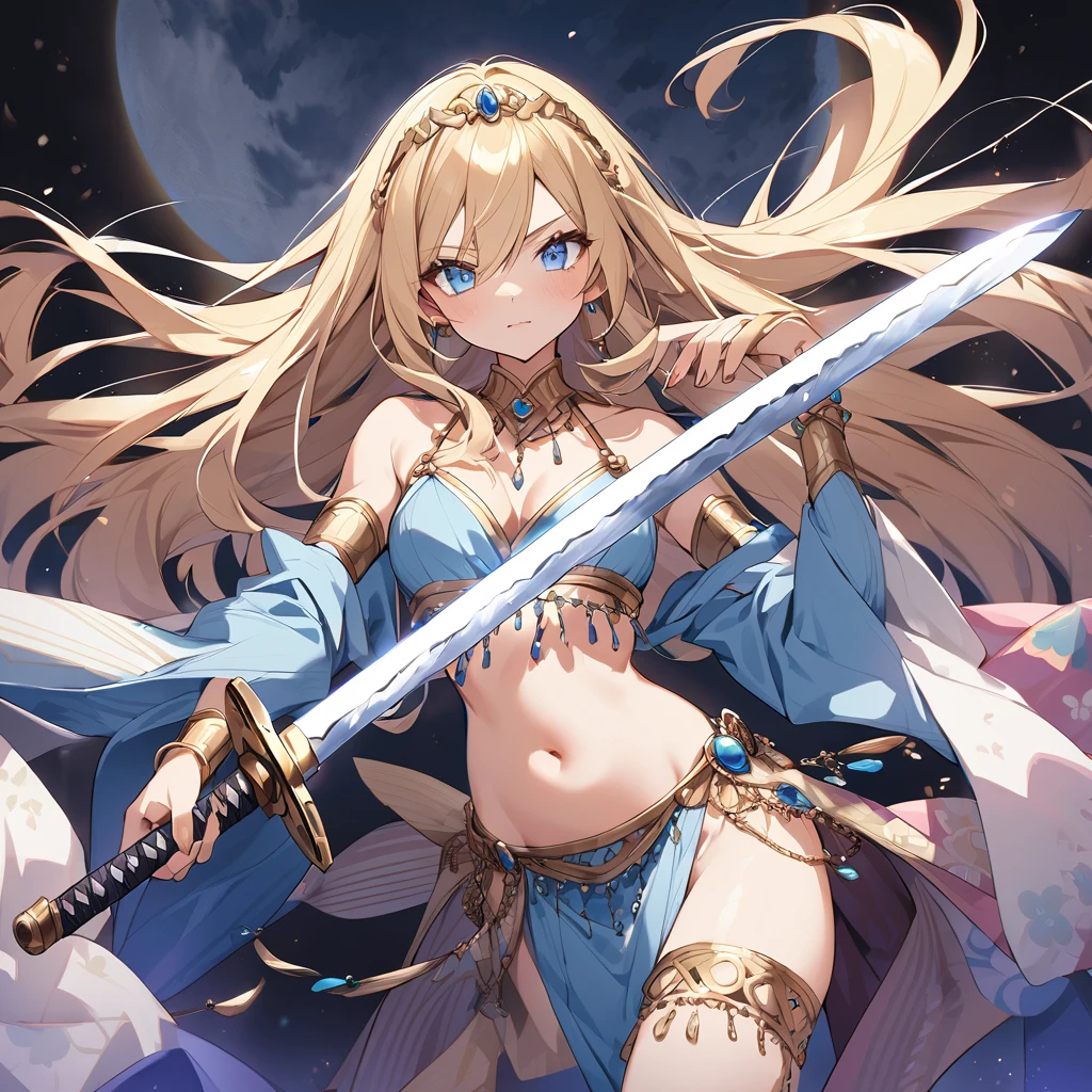 AlphaNDV, 1girl, blonde hair, blue eyes, large breasts, very long hair, elf, pointy ears, (shaded face:1.2), hollow eyes, yellow eyes, looking at viewer, heavy breathing, smirk, uppert teeth, long hair, weapon, 1girl, sword, breasts, holding, holding_weapon, solo, holding_sword, floating_hair, sunset, looking_at_viewer, standing, medium_breasts, outfit-origami halo, veil, navel, elbow gloves, "glow effects, godrays, Hand drawn, render, 8k, octane render, cinema 4d, blender, dark, atmospheric 4k ultra detailed, cinematic, Sharp focus, big depth of field, Masterpiece, colors, 3d octane render, 4k, concept art, trending on artstation, hyperrealistic, Vivid colors, extremely detailed CG unity 8k wallpaper, trending on CGSociety, Intricate, High Detail, dramatic", sweating, steaming body, fog, (anime coloring, anime screencap:1.5)
