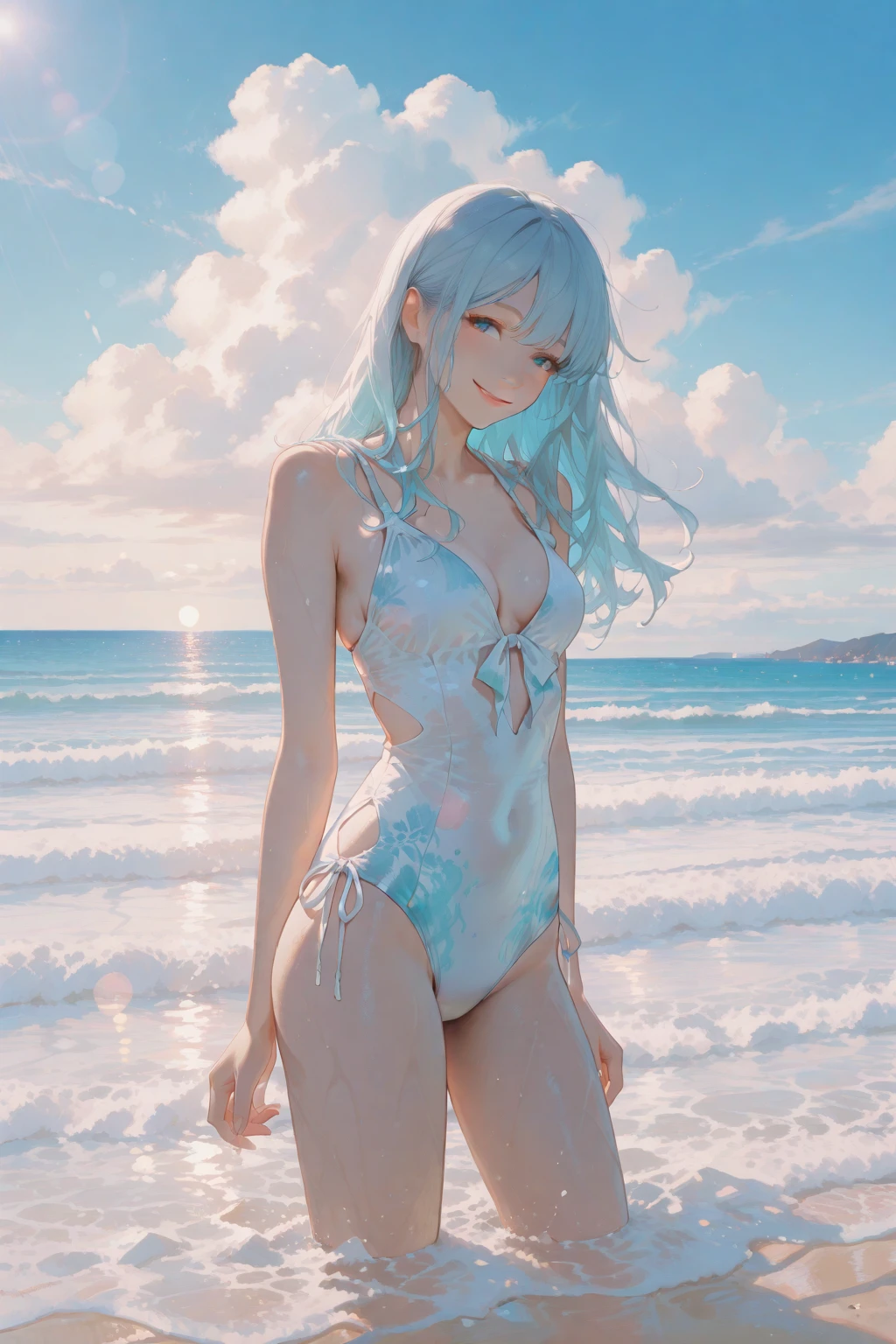 One piece anime, sexy woman, transparent white extremely tight and very small one-piece swimsuit, loose black skirt, white hair with blue highlights, NSFW,