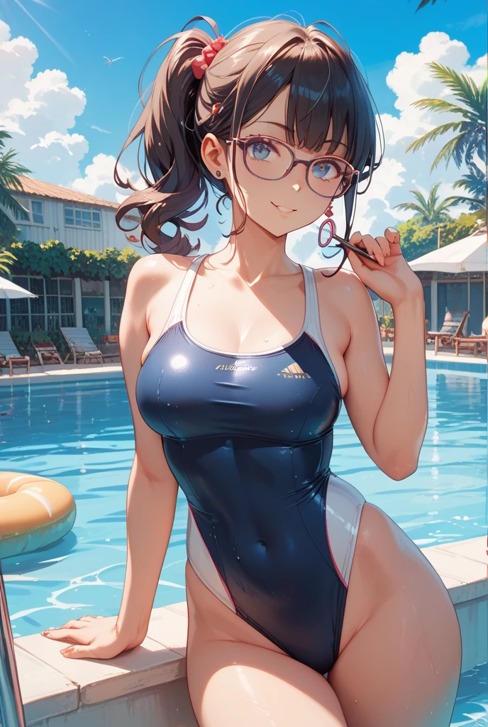 NSFW、1人の女性、brown haired(Curta)、Brown eyes、Black-rimmed glasses、 Best Quality、ultra-detailliert、8K resolution、Raw photo、seductive boobs、gorgeous faces、Perfect body、swimming pools、School swim wear