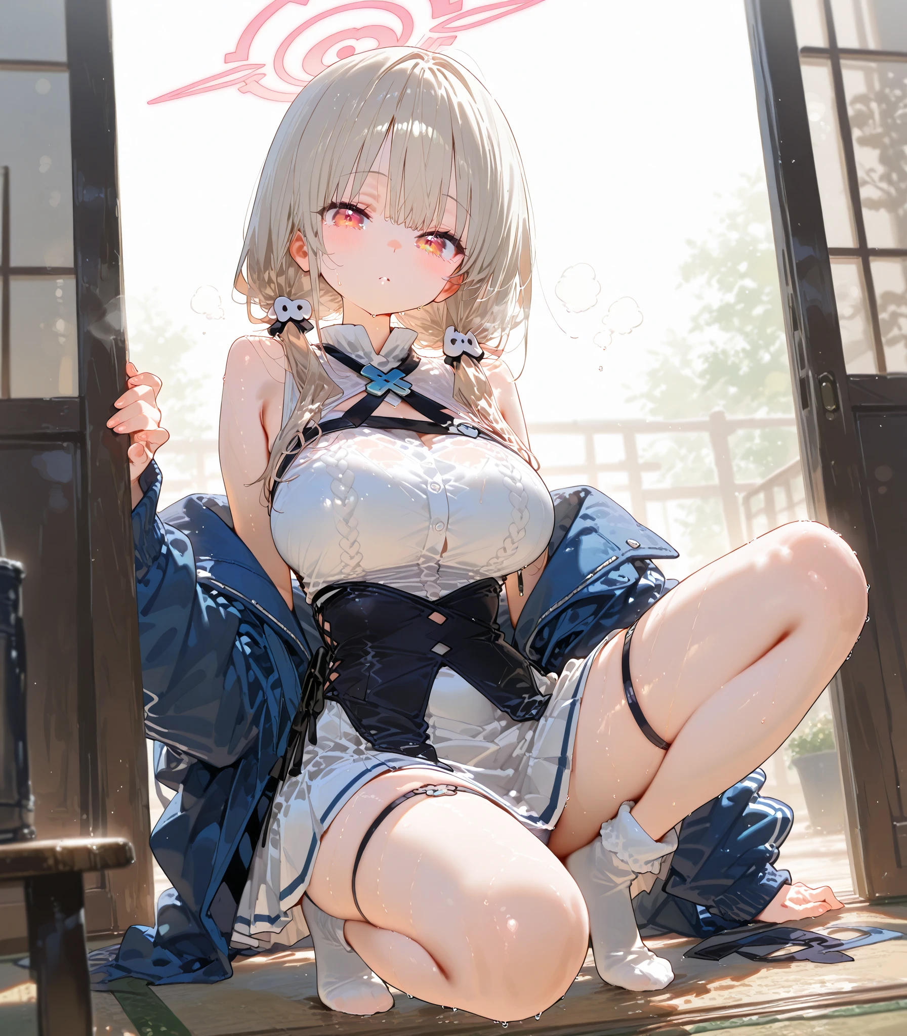 ((Biologically correct limb count))、(( From head to toe、Full-body photo including face))、4K、((Standing position))、masterpiece、((Focus on the face))、((Symmetrical facial features))、Eyes with detailed description、Beautiful woman、Great style、Beautiful arms、Beautiful legs、Beautiful Hands、(Small Ass、Thin thighs）、Facial detailing、Small earrings、necklace、(In boulangerie、Latex skirt、High heels、stockings）、Face close-up、Surprise expression、The background is the park in the morning.、beret、Silver Hair、Troubled expression、((Panty shot、M-shaped splits))、