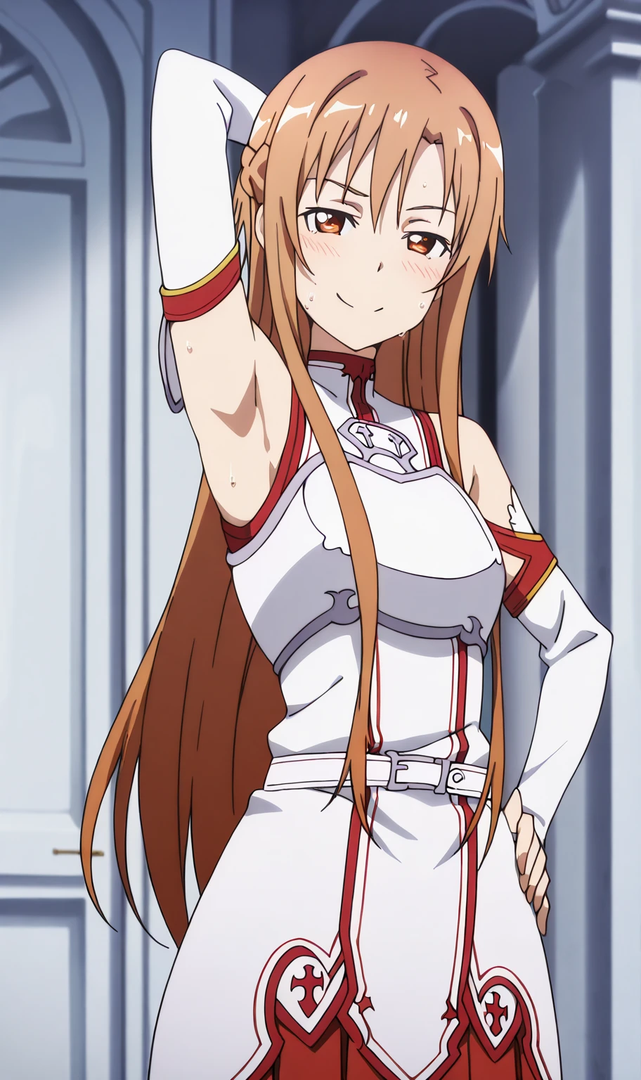 asunayuuki, asuna yuuki, long hair, brown hair, (brown eyes:1.8),
BREAK skirt, thighhighs, bare shoulders, detached sleeves, armor, white thighhighs, (breastplate:1.2), red skirt,
BREAK bedroom, bed, delicate, lying down, sitting
BREAK looking at viewer, (cowboy shot:1.5),
BREAK (masterpiece:1.2), best quality, high resolution, unity 8k wallpaper, (illustration:0.8), (beautiful detailed eyes:1.6), extremely detailed face, perfect lighting, extremely detailed CG, (perfect hands, perfect anatomy),
beautiful thighs legs showing, open legs, delicate,