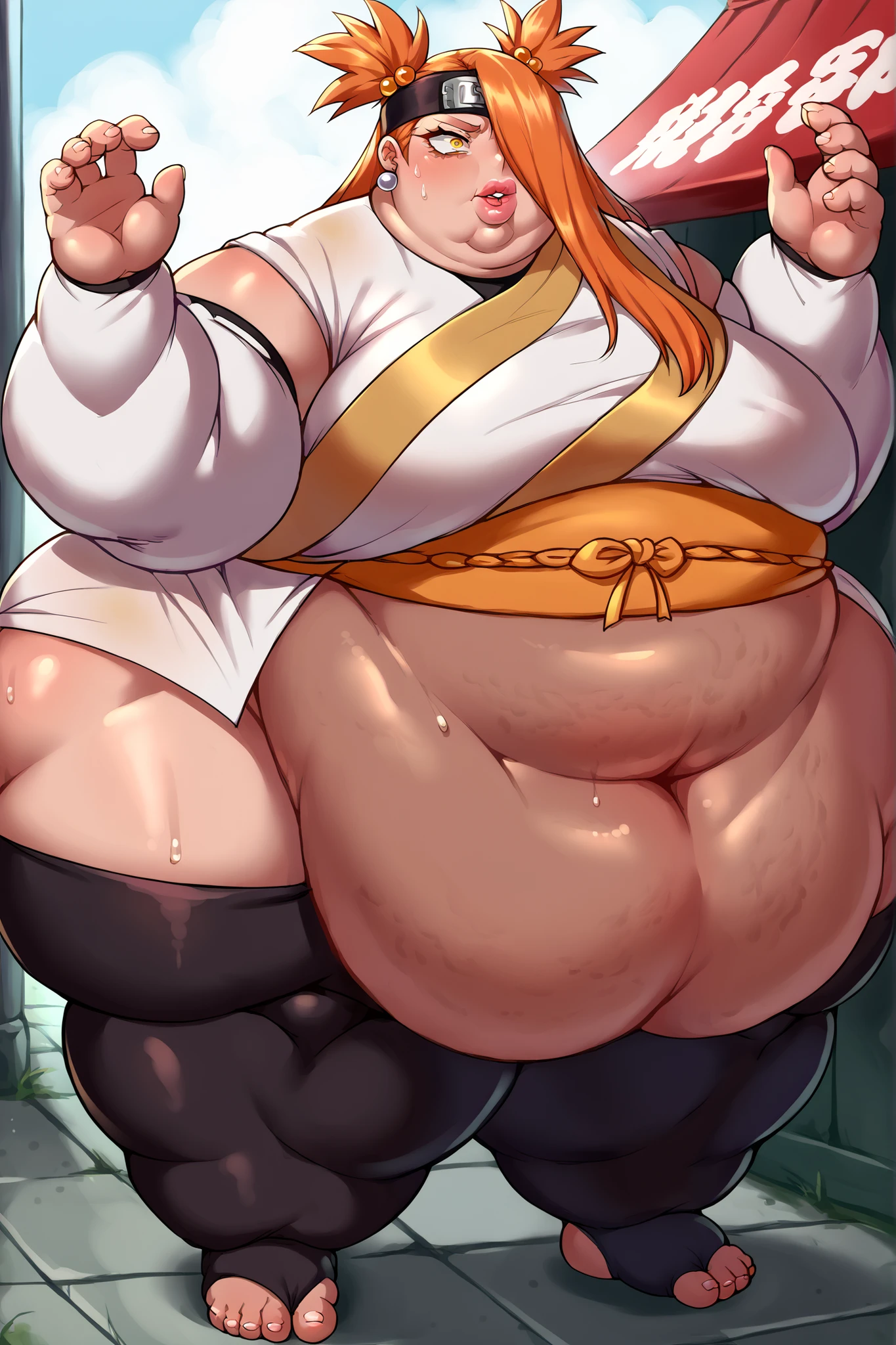 ((Detailed face and eyesa:1.4))he has a jiggly fat round belly, thicc, ((his belly is fat and round, obese)), big belly, fat belly, extremely fat, fat man, strong fat bacchanalian body, obese, oppai proportions, small curvy ((one person:2.0)),anime,(Male) ,( handsome), (Chuuya Nakahara from Bungou Stray dogs), ((Grey vest,white shirt, black jacket oves the shoulder, Black fedora:1.6)), ((bacchanalian body)),((( huge fat thighs, immensely inflated Hips:1.9)))((Proportionally large arm and Legs:1.3)), ((chubby cheeks, double chins fat face)),((high quality:2.0)), ((Huge butt:1.9) pose((right hand on hip)) expression ((Devious smirk ))