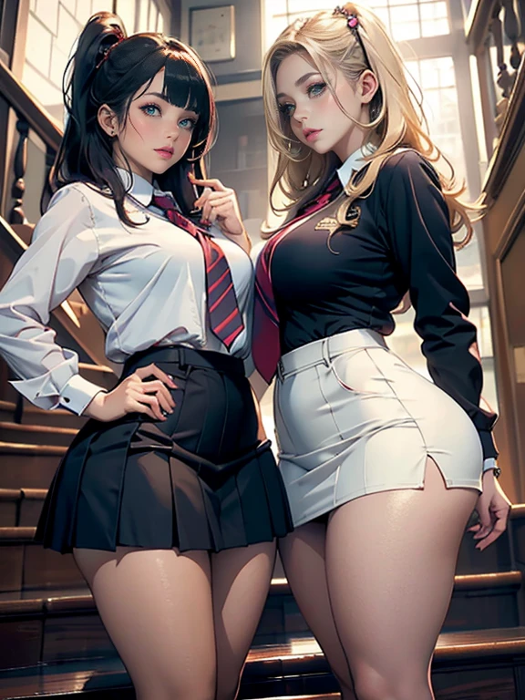 (Biologically correct limb count),Full body, including face,4K,Focus on the masterpiece face,Well-proportioned facial features,Delicate descriptive eyes,One beautiful woman,(Black Sailor Suit,red plaid skirt,Black Stockings),(smile),Looking down,Photos with white borders,Look away from the camera,National Library,walking,Walking up the stairs,looking back,(Two Girls)