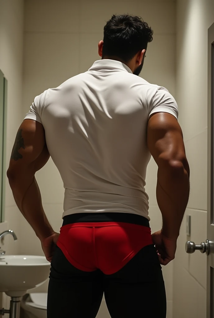 40-year-old boy ,Japanese muscular male in red thong......... ..... seductive expression....................  dripping on body and pants...................., arching back............... looking back to the camera. [[ big unrealistic butt,]] hairy legs.................. muscular thigh.........................in hot steamy sauna room.....