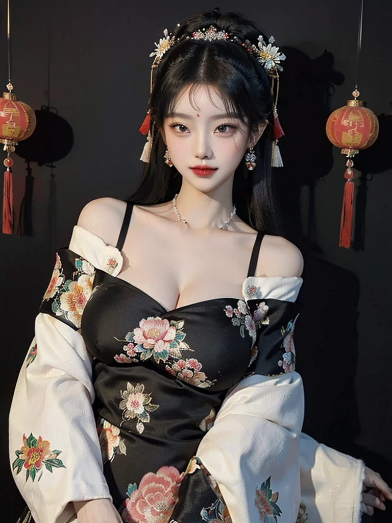 Hanfu costume dress,Wedding black style,Ice silk thin transparent version,Lace pattern,耳Nipple Ring,Hairpins,Meticulous facial features,Protruding chest,Chest exposure