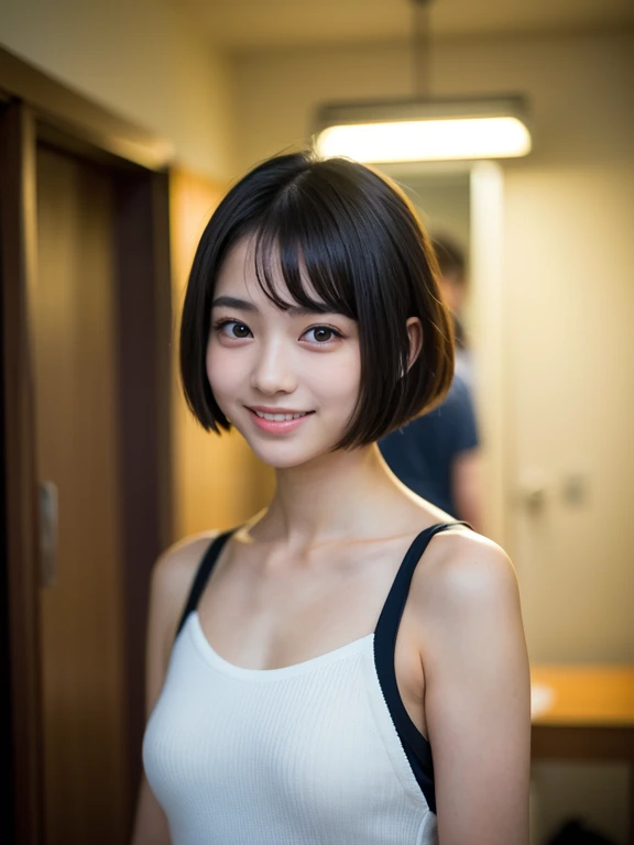 masterpiece,best quality,(Japanese ),((Beautiful girl)),cleavage,indoor,(perfect body beauty:1.2),(shy smile),beautiful teeth,