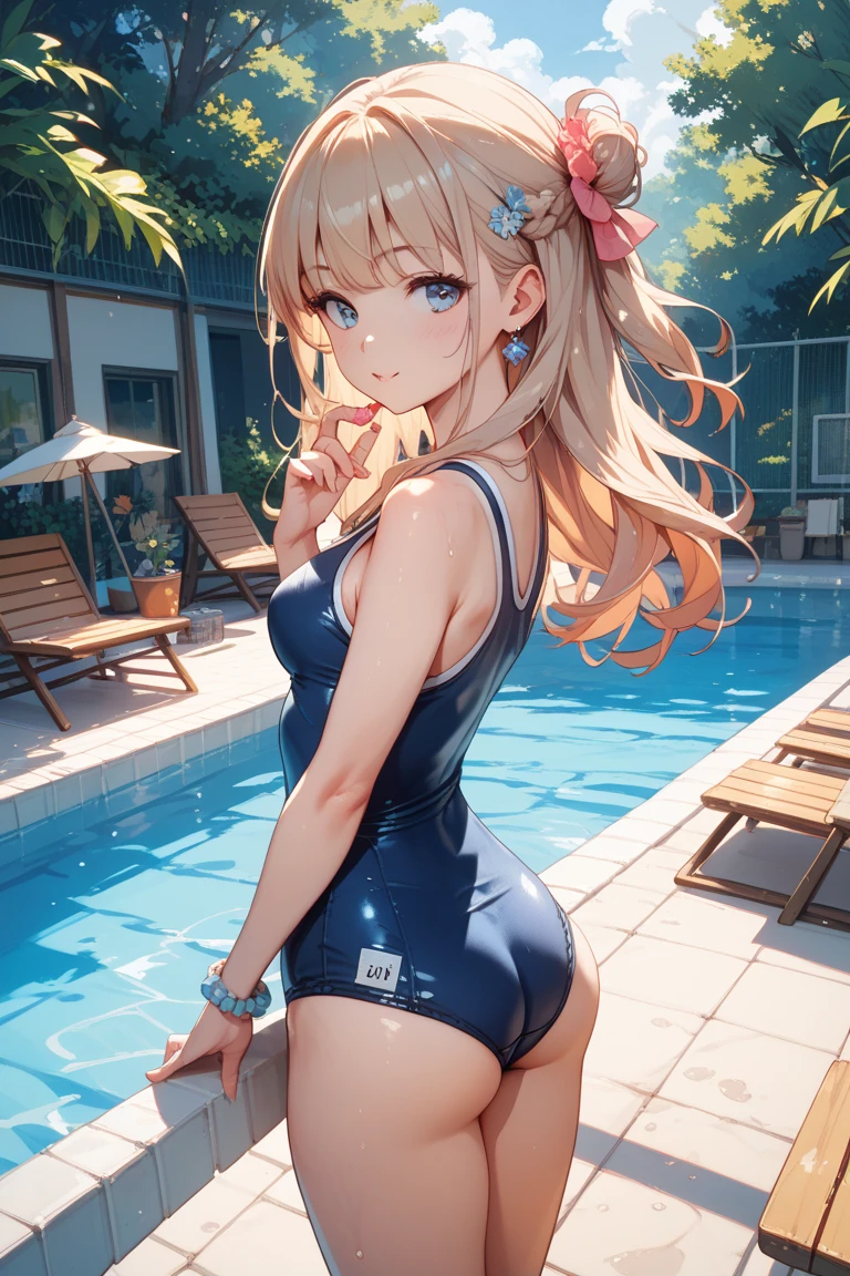 High quality、highest quality、complete limbs、Ultra high definition、Shining eyes、Full hands and fingers、slender beauty、Wearing a school swimsuit、shiny skin、hold your butt、expression of pain