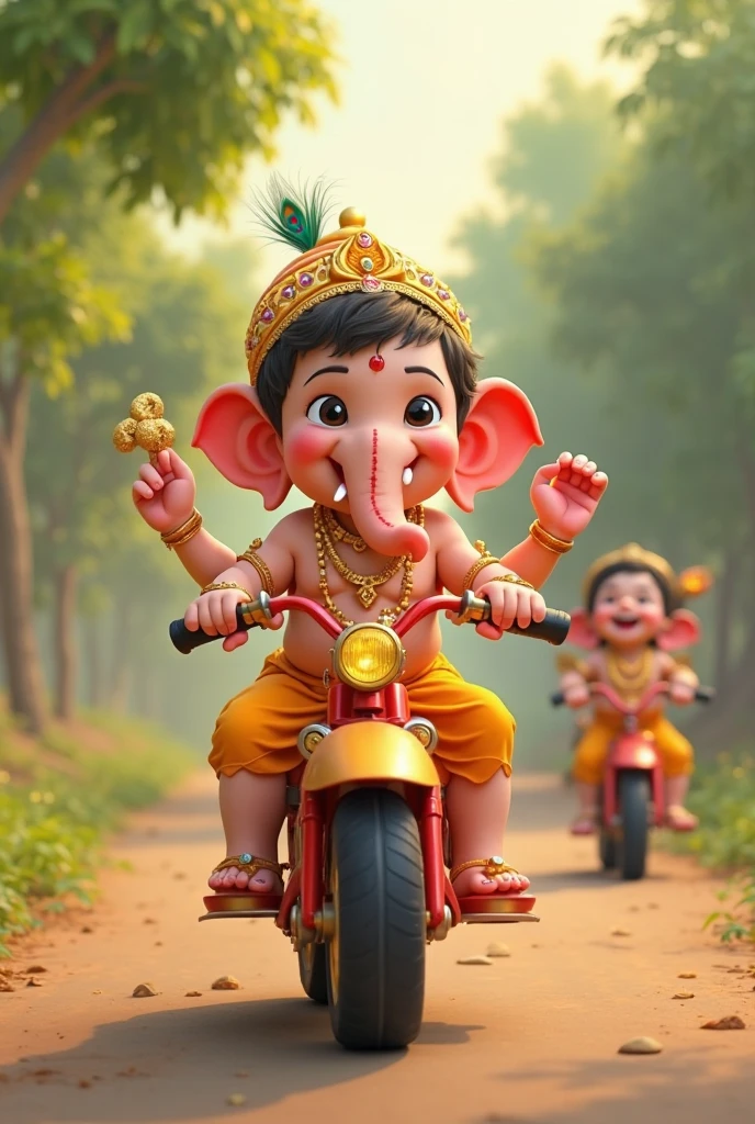 Little cute ganesh is riding a motorcycle in a village road. A group of children's is asking for lift. talking to him. A green colour road signboard is there and wrote KULATHOOR 2KM