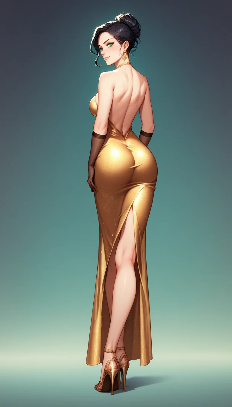 Beautiful blonde woman, sexy provocative look, perfect body, long dress to one side ass, black thong tightening the vagina