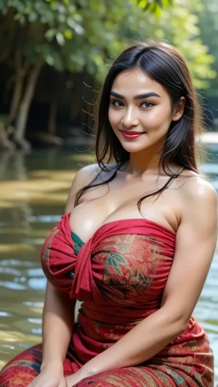 Day scene, low angle shot of close up photo of indian, big cheeks, sexy navel, hanging in swing chair on Mount Everest, off shoulder strapless cowl neck red lace bra and saree, deep cut neckline, perfect figure, swooping breasts, deep cleavage, ponytail hair, necklace, look at viewer and smile, (cinematic:1.3), intricate details, (ArtStation:1.2)