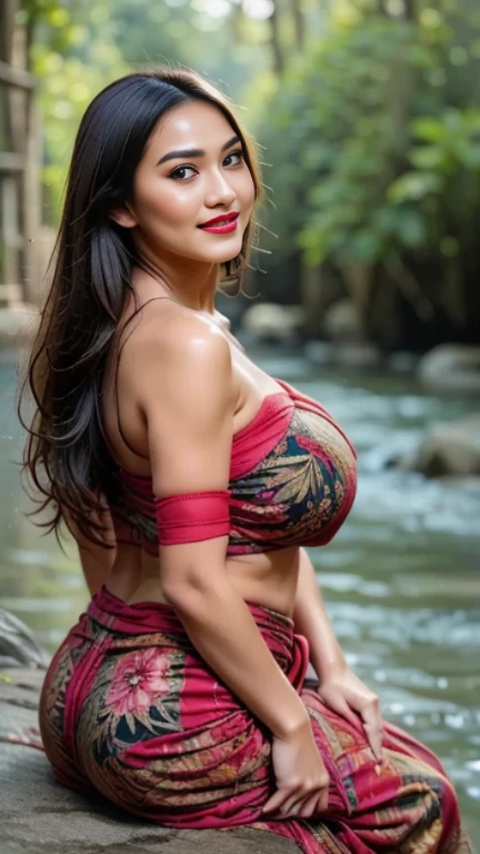 from top view, extreme close up photo of sexy Latina indian, hourglass figure, swooping breasts, sexy armpits, kneeling on mountains, French braid hair, necklace, sultry, look at viewer luscious subtle smile, reddish pink lace bra, (cinematic:1.3), intricate details, (ArtStation:1.2)