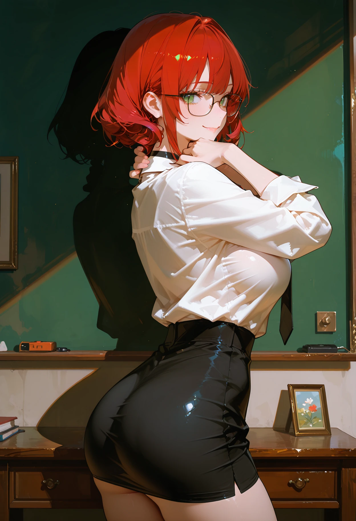 Retrato de um belo adolescente de 18 anos, redhead, beautiful chinese, in cotton panties, na porta, (dark private office, dark and melancholic light: 1.2)
