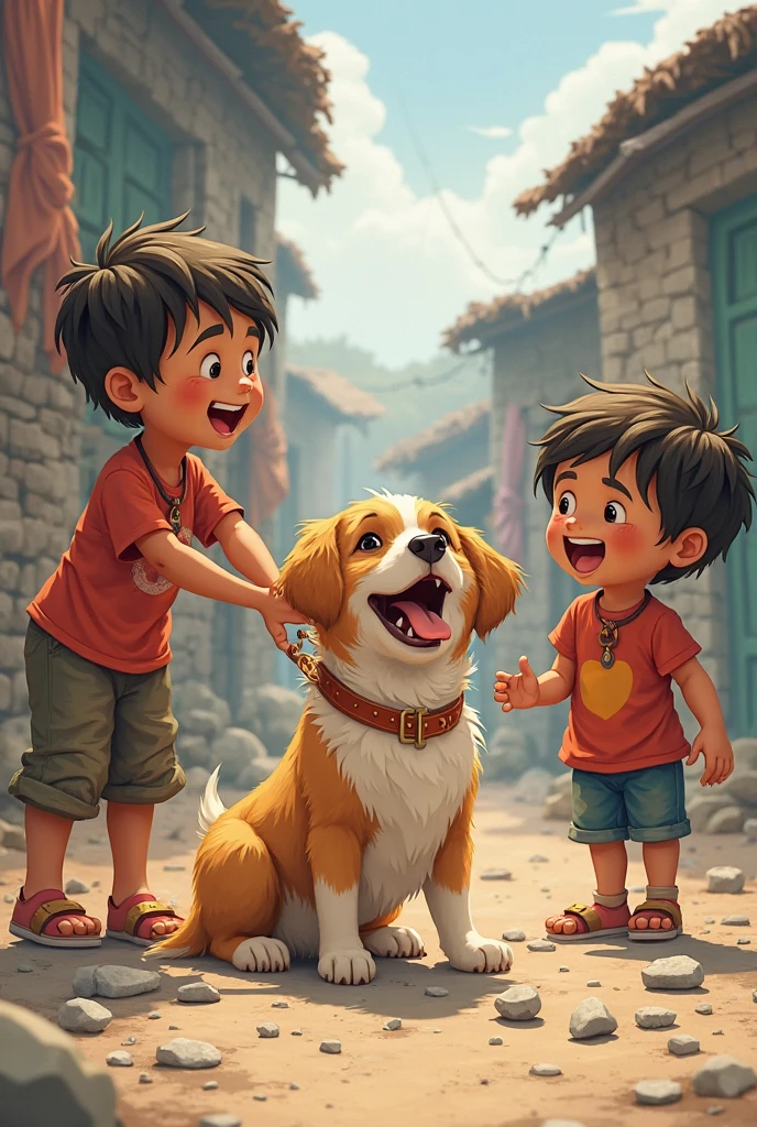 A two kids hitting a dog