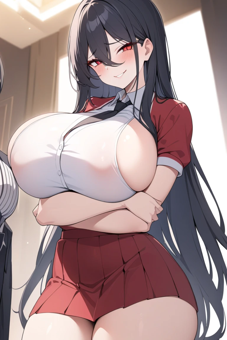 (NSFW:1.2),(8K, RAW photo, highest quality, masterpiece: 1.2),17 year old Japanese woman with perfect body,Please show your teeth and smile,long black hair,dull bangs, toothy smile,uniform,red jacket,black pantyhose,white shirt,black ribbon,pleated skirt,long sleeve,cowboy shot,shining eyes,blush, Bedroom,(white light lace lingerie:1.1),(white sheer lace panties:1.1),((huge breasts:1.5)),((deep cleavage:1.4)),obscene pose