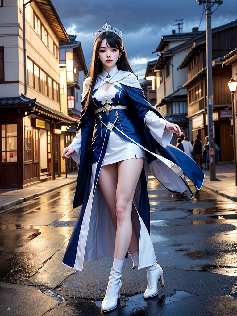 South korea assassin walk women mystery hooded on with modern royal Blue coat with long and wide sleeves with buttons and royal Blue cape and very high white heel over the knee and white gloves, As she reveals a small secret hidden blade coming from his palm , adding to the characters mysterious, with small movements of air on the cape, in summer at night under the rain,medieval south korea house. sophisticated and highly detailed, ultra hd, realistic, hyper detailed, enhanced colours, ultra sharp focus, with vibrant, rich in details High quality, gorgeous, captivating, 8k, super detailed, stunning shadows, detailed lines, blood stain on coat and gloves, corpses in the street recently murdered,1girl,