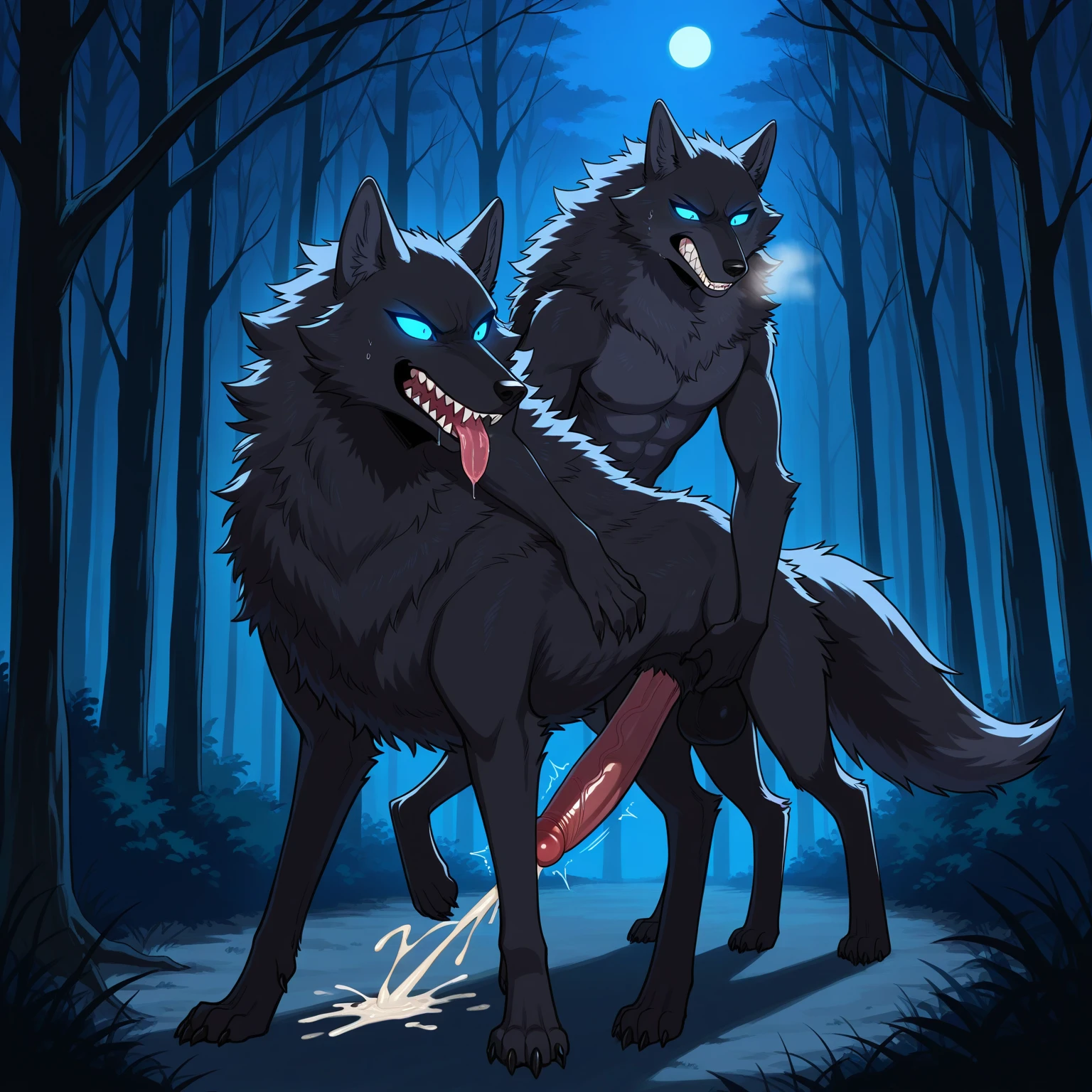 Two Young Male wolf, nsfw, forest, anal penetrating from behind, side view