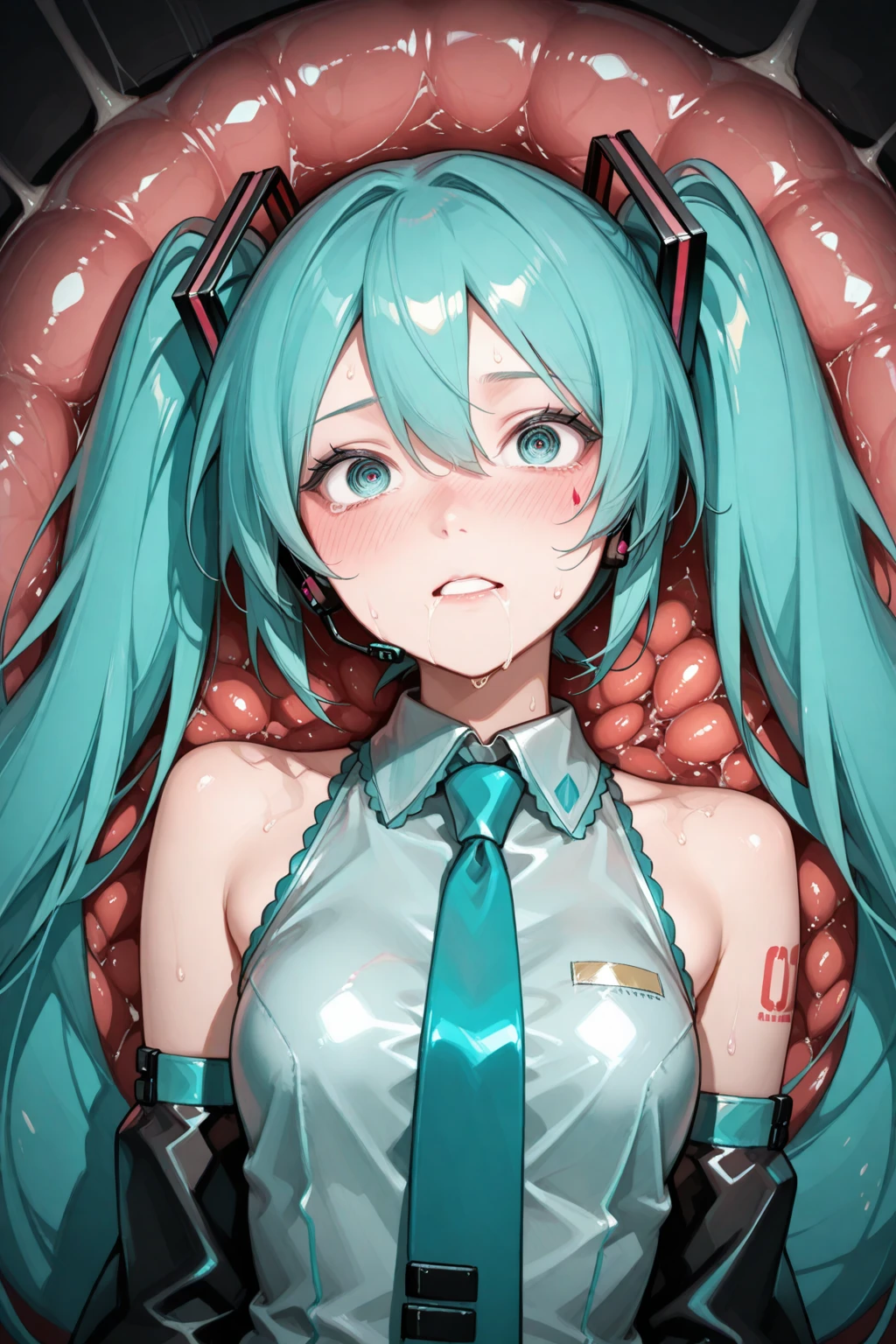nsfw, ((Best picture quality)), ((Masterpiece)), ((Best picture quality:1.2,) ((Hatsune miku, mechanical_restraints, milking, 1)), ((futanari, cum)), covered with semen, ahegao, (((vulgarity)))), female ,(parted lips:1.3),(half open eyes:1.4),(feeling weak:1.5)