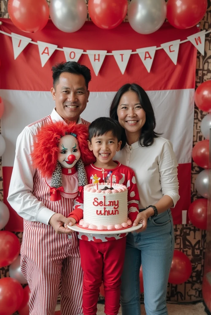 Photo of a happy family celebrating their child's 9th birthday with the theme of Indonesian independence. The family consists of a father, mother, and small child standing in front of a decorated backdrop. The child, wearing red and white clothes (symbolizing the Indonesian flag), is surrounded by balloons, banners and small Indonesian flags. Behind them is a friendly clown in red and white who is entertaining the child while holding a cake that says 'Happy Birthday'. The parents smile while standing next to the child, and the whole scene is filled with a festive patriotic atmosphere."