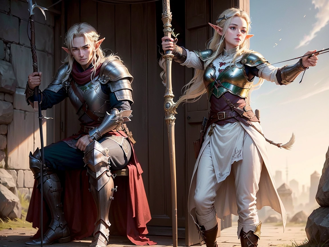 Long white hair, cate features, white skin, Fantasy world. Adventurer style with armor on the shoulder and arms (ruby). In the forest. Armor on the shoulders and a magical cool sword on the hilt. High summer fantasy boots with rubies with stocking. Clothes are visible from head to toe. Leather skinny shorts.