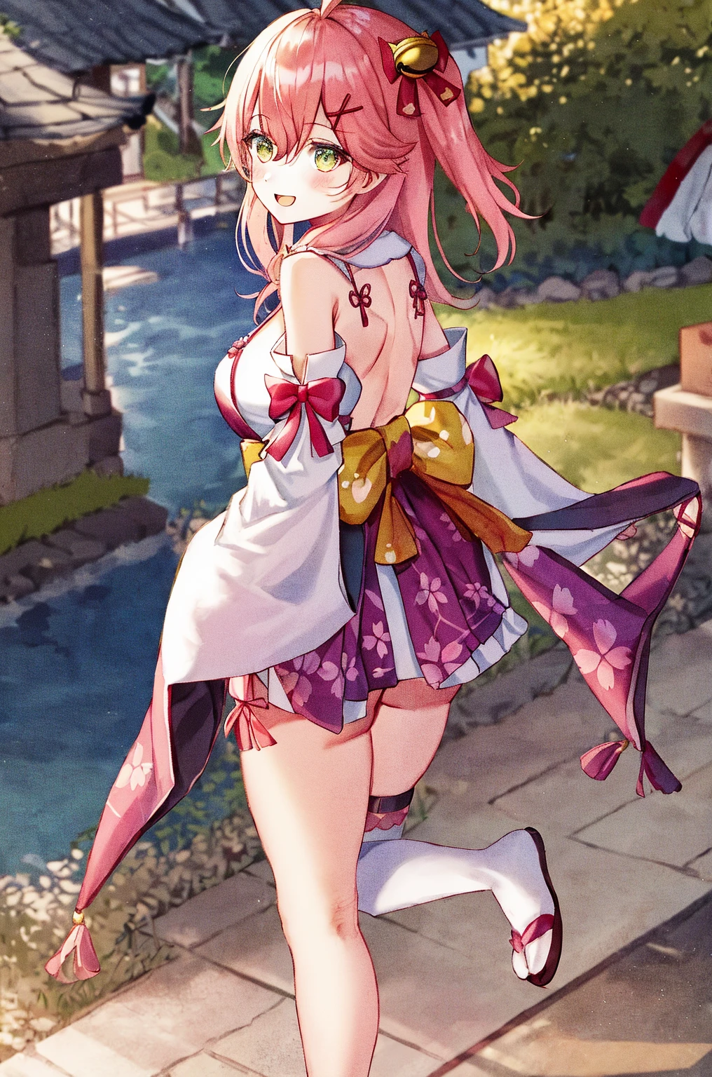 masterpiece, best quality, highres, miko1, sakura_miko, 1girl, big_boobs, solo, ahoge, x_hair_ornament, pink_hair, floral print, hairclip,(side_less_clothes:1.5), (side_boobs:1.5), hair_bell, floral print, long_hair, hair between eyes, one side up, white thighhighs, asymmetrical legwear, wide sleeves, open_mouth,(happy:1.3),gleen_eyes,big_smile,(rise_leg:1.3),plump,apart_legs,(overly_long_sleeves:1.3),),sleeves_past_wrists,hands_hidden_sleeves,sidelock_clothes,dynamic_posing,solo,hidden_wrists,(XD:1.4),covered_nipples,sunlight,cherryblossom_temple_landscape_background,