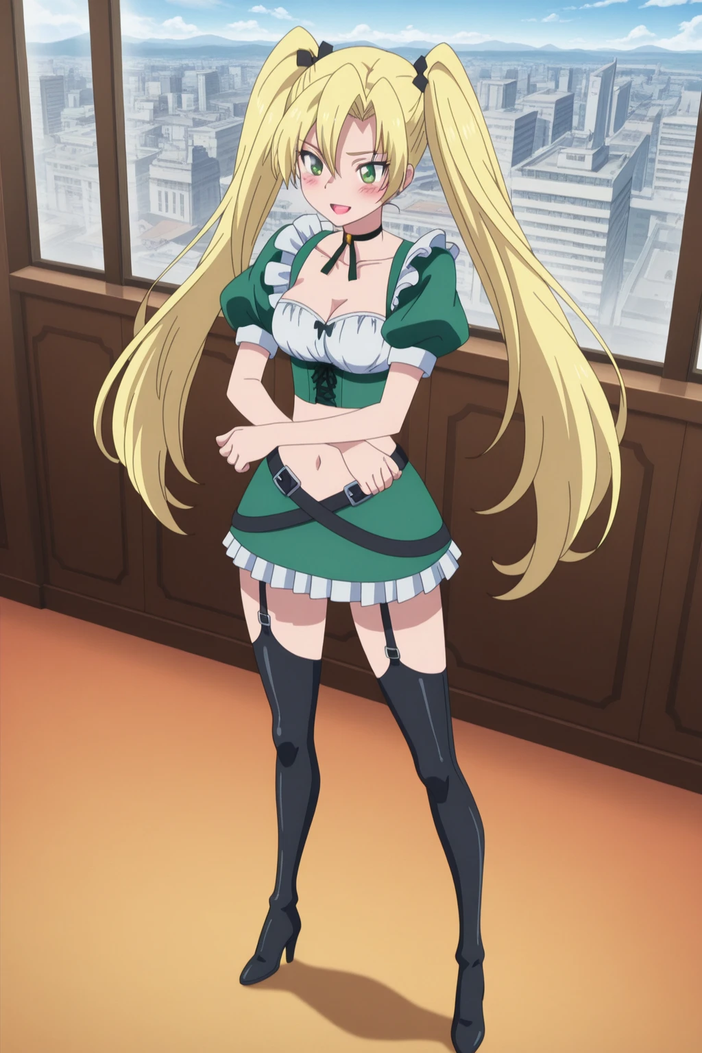DeloArgento, Asia-Argento, long hair, blonde hair, (green eyes:1.3), (split bangs:1.5), ahoge, smile, (Small breasts:1.2),
break skirt, latex черная рубашка, latex длинные рукова, tape, latex , latex Юбка в складку, latex черная юбка, каблуки
break indoors, Class,
break looking at viewer, (cowboy shot:1.5),
break (masterpiece:1.2), Best quality, a high resolution, unity 8k wallpaper, (illustration:0.8), (beautiful detailed eyes:1.6), very detailed face, perfect lighting, extremely detailed computer graphics, (perfect hands, Ideal Anatomy),
