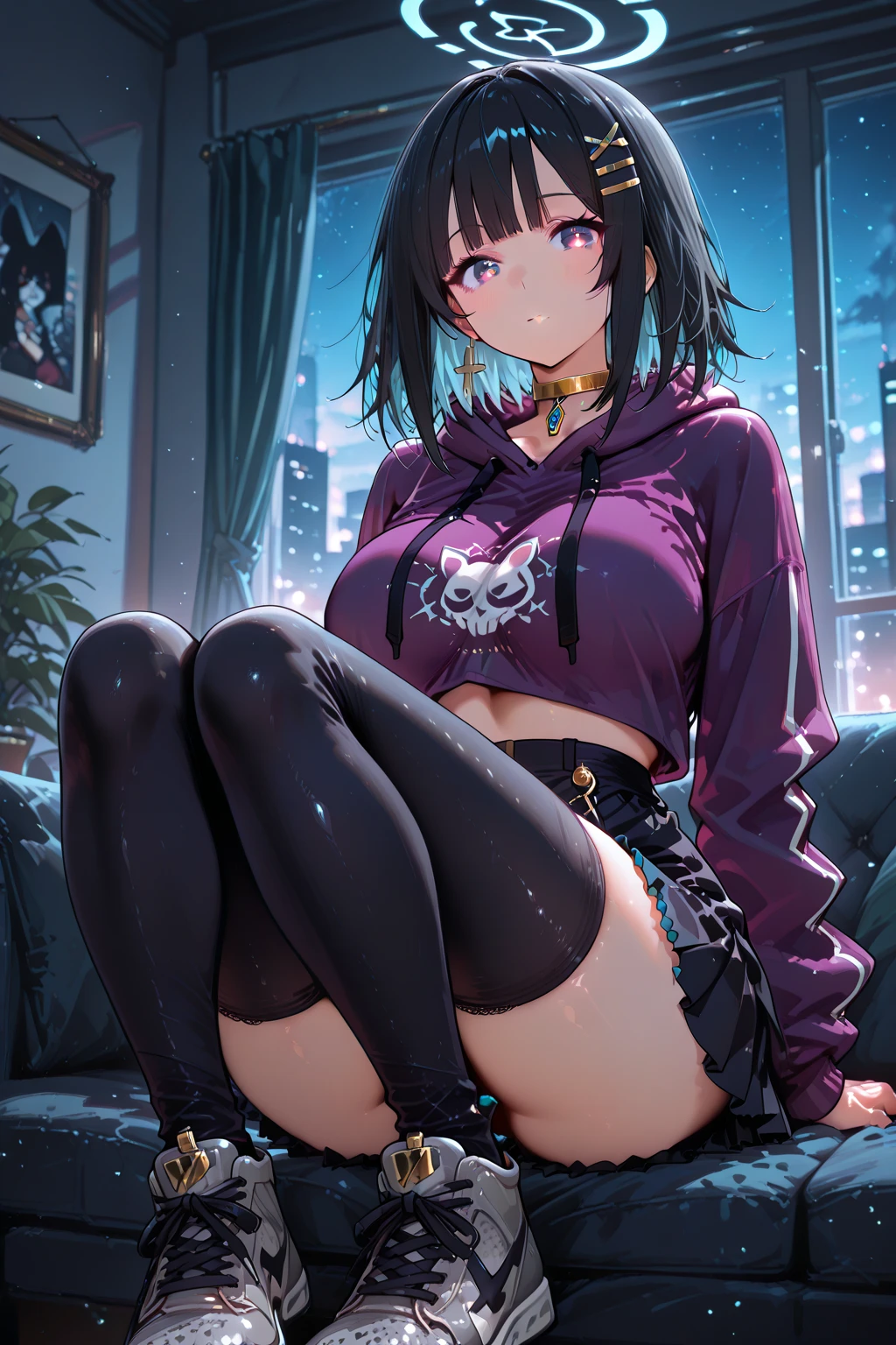 (Masterpiece, Best Quality:1.5), (ultra detailed, high resolution, 8k, Beautiful detailed, UHD, best anatomy), 1 pretty girl, black fur, medium breasts, sleeves beyond the fingers, sagging clothes, Oversized sweatshirt, , leather boots, showing pink panties,