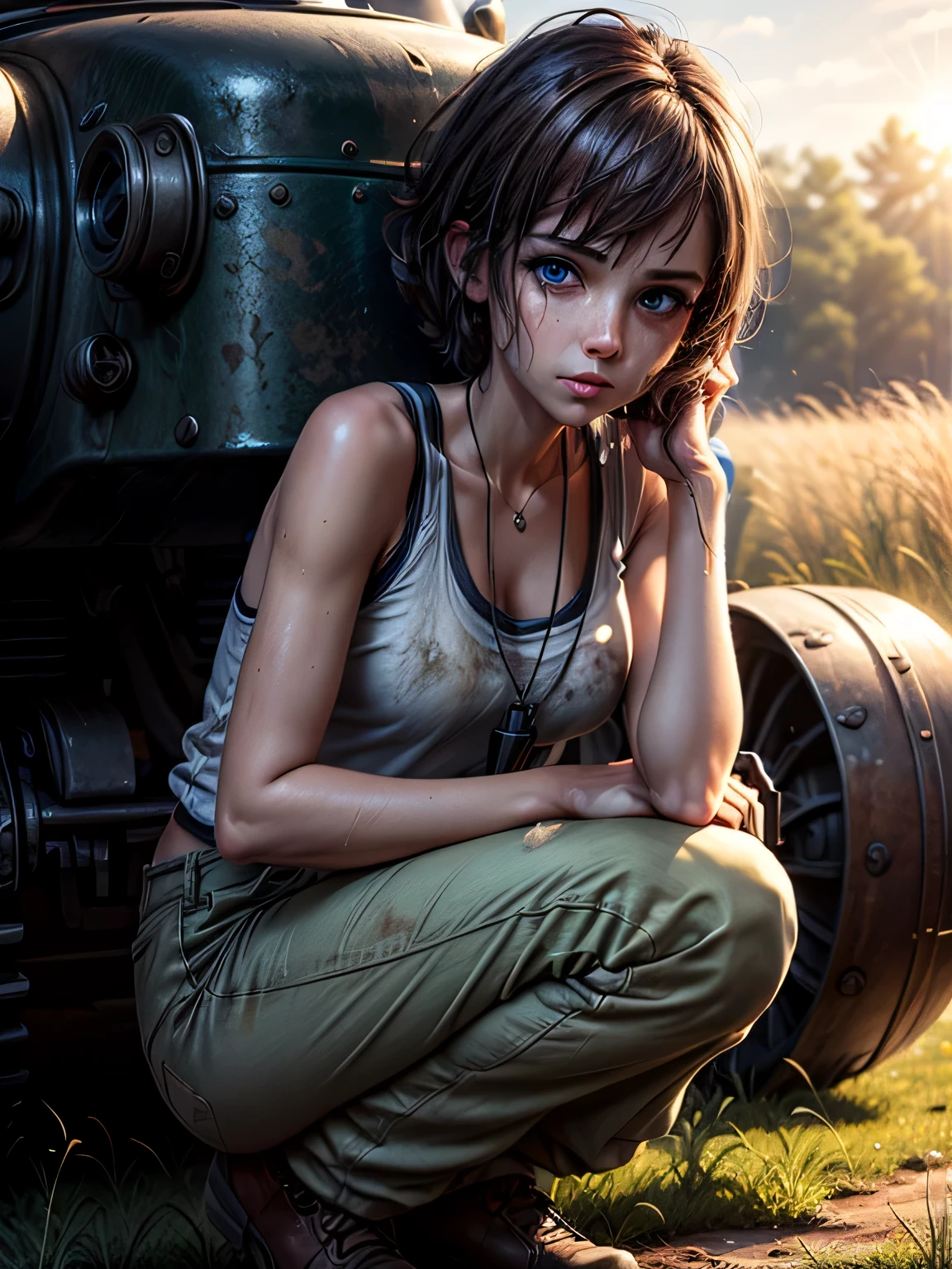 masterpiece, highest quality, (solo focus), (perfect face:1.1), (high detail:1.1), 1girl, repairing machine, brown hair, shoulder-length hair, blue eyes, white tank top, baggy green pants, wrench, holding wrench, crouching, crouching on tank, army tank, ((grease stains)), sweaty, glistening skin, detailed background, field of tall grass, sun, lens flare, cinematic lighting