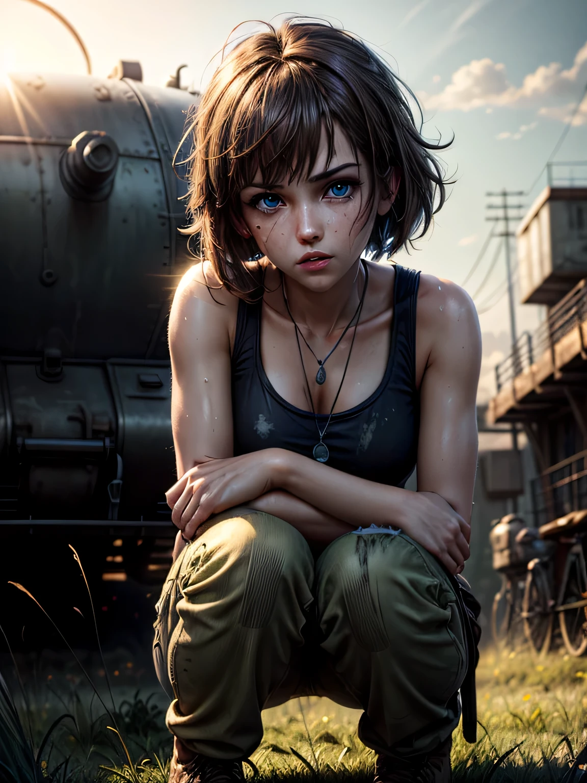 masterpiece, highest quality, (solo focus), (perfect face:1.1), (high detail:1.1), 1girl, repairing machine, brown hair, shoulder-length hair, blue eyes, white tank top, baggy green pants, wrench, holding wrench, crouching, crouching on tank, army tank, ((grease stains)), sweaty, glistening skin, detailed background, field of tall grass, sun, lens flare, cinematic lighting