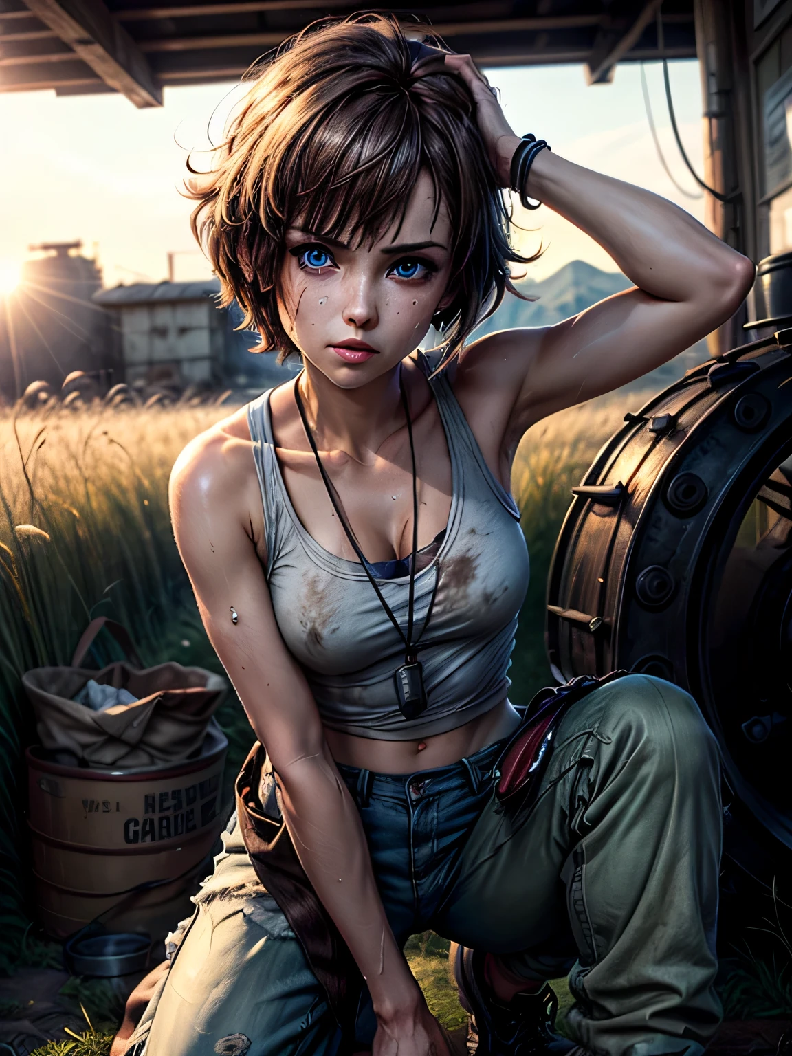 masterpiece, highest quality, (solo focus), (perfect face:1.1), (high detail:1.1), 1girl, repairing machine, brown hair, shoulder-length hair, blue eyes, white tank top, ((baggy green pants)), jacket around waist, ((wrench)), holding wrench, crouching, crouching on tank, army tank, ((grease stains)), sweaty, glistening skin, detailed background, field of tall grass, sun, lens flare, cinematic lighting