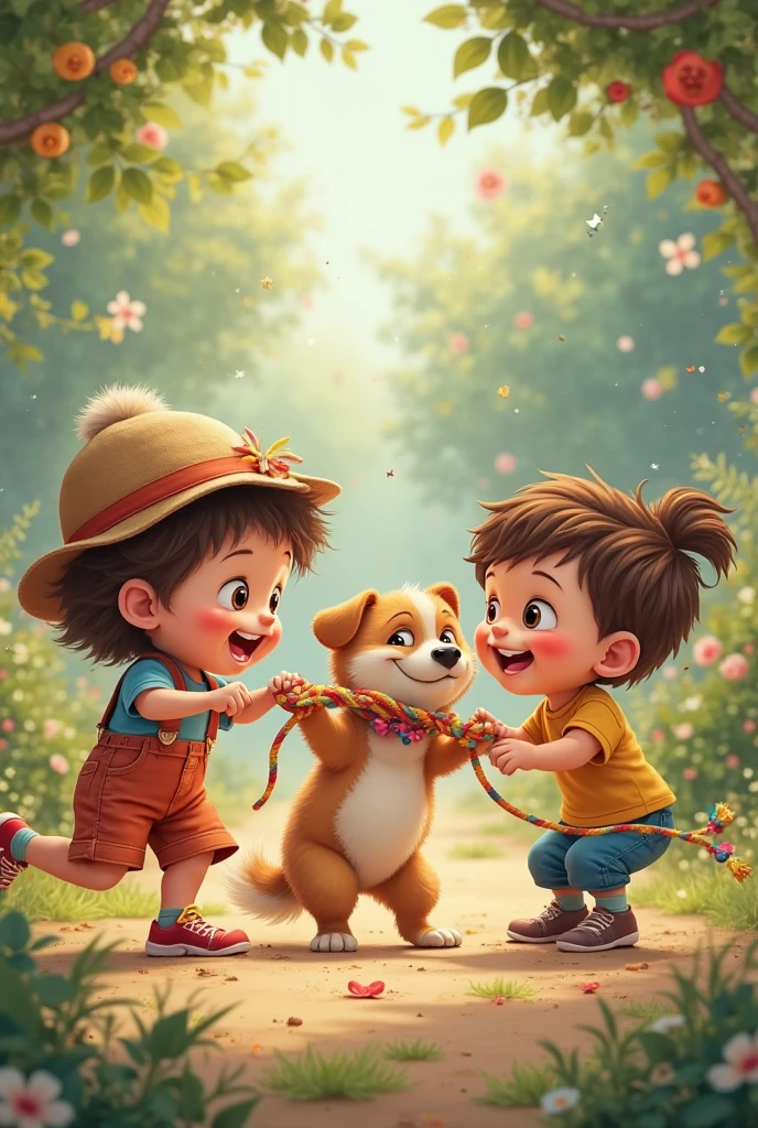 Kids play with puppy