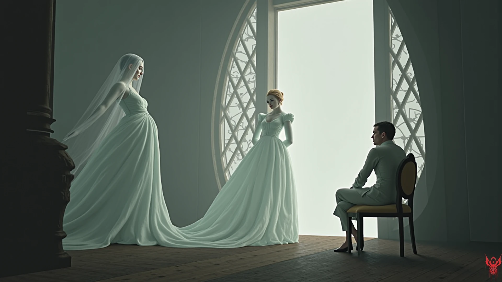 identical blonde octuplets, in a fancy room, victorian style, hugging the girl next to her, kissing each other in the mouth, some of them are in the background filling the entire space of the room, looking at themselves, looking to big sized mirrors on the wall, reflections of them in the mirror with mirror images of them and looking at them, some of them playing with each other, smiling, symmetrical body, full body, entire body, realistic, 22 years old, large-breasted, wearing nothing, muscular and athletic bodies, showing legs and thighs, showing knees, beautiful face, sunlight, cinematic light, perfect eyes, perfect anatomy, very cute, centered image, life size, 8k resolution, human hands, wonderful, elegant, approaching perfection, dynamic, highly detailed, smooth, stunningly beautiful girls, detailed hairstyle, hand with five fingers, body with two arms, body with two legs, bodies with same height, same color hair, straight hair, ((light blonde hair)), raw, 8k, looking at themselves, body in the background with torso and legs, wide angle shot, dynamic angle,