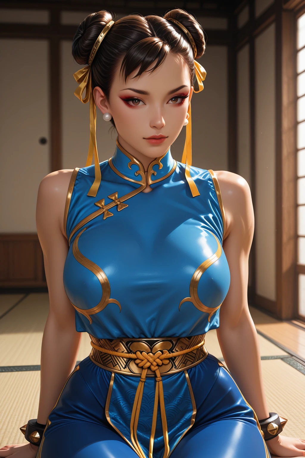 (ultra realistic,32k, masterpiece:1.2),(high detailed skin:1.1),( high quality:1.1),
<lora:Xiangfei:0.5>(frown:1.1),xiangfeims,brown hair, black eyes, chinese clothes, sash,bare shoulders, pants, sleeveless,(blank background:1.2) blurry background,(looking at viewer, sitting, crossed legs:1.1),, (huge breast,large breast:1.1),<lora:add_detail:0.78>,
(beautifully lit:1.1),