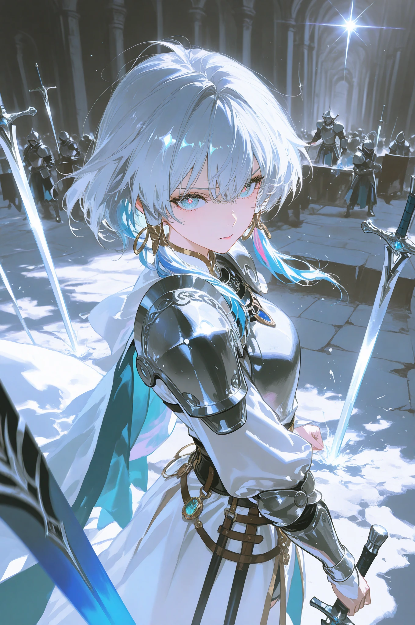 masterpiece, best quality, illustration, colorful, fantasy, scenery, day, castle, 1girl, skinny, detailed medium silver hair, narrowed blue eyes, expressionless, knight armor, harness, sheath, blue capelet