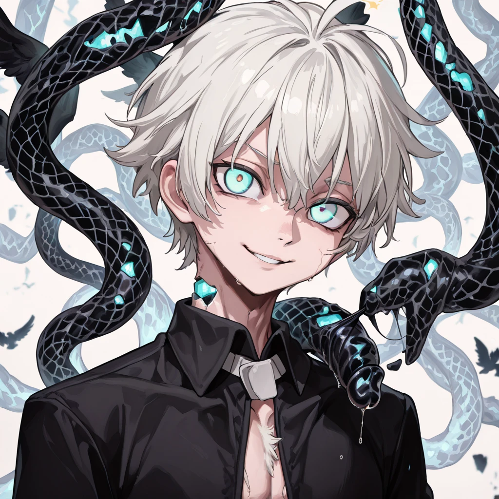 DESCRIPTION: His body is a pale color, his ribs being visible through his clothes, which he wears a white t-shirt and black jeans, both being heavily damaged and having holes, his body shows clear neglect as his quirk keeps him alive, even if he disagrees, he also has a white gas mask on his  but white, his actual face is distorted and his mouth has hundreds of teeth, his right eye having purple tentacles coming out of his eye, it being a yellow eye and snake like 