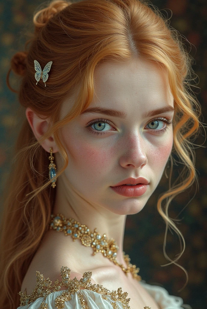 ((Best quality, 8k, Masterpiece :1.3)), 1girl, Pretty woman :1.3, Ultra-detailed face, Detailed eyes, Double eyelid, Princess, ((fantasy)), ((beautiful orange and red royal dress)), ((intricate flower design)), many details, transparent part, ((long wavy blonde hair)), braided hair, green and blue mystical eyes, full body image